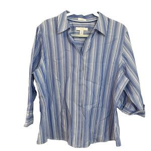 Chico's No Iron Shirt  Women Size 3 US XL Striped Button Up Black White Metallic